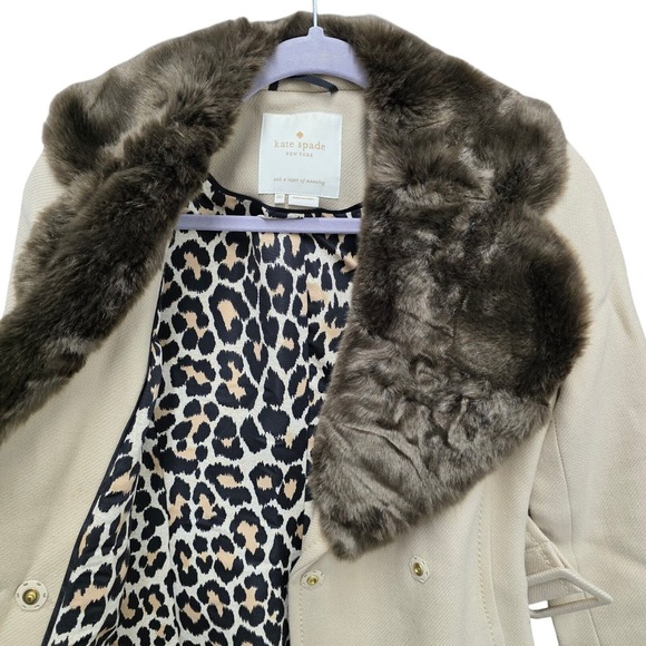 Kate Spade Briella Wool Blend Belted Coat Faux Fur Collar Leopard Lined Winter - Picture 6 of 11
